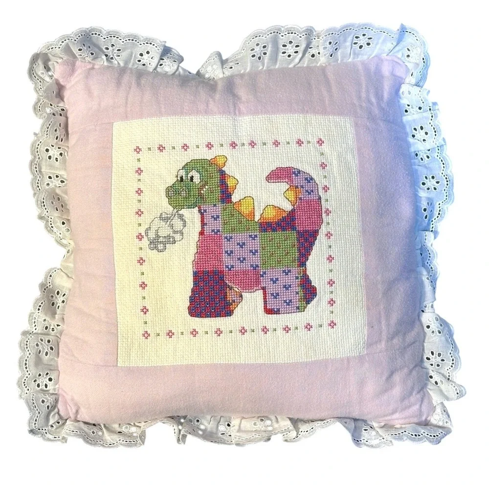 Vtg Handmade Puff the Magic Dragon Cross-stitch‎ Pillow Pink White Lace 13x13